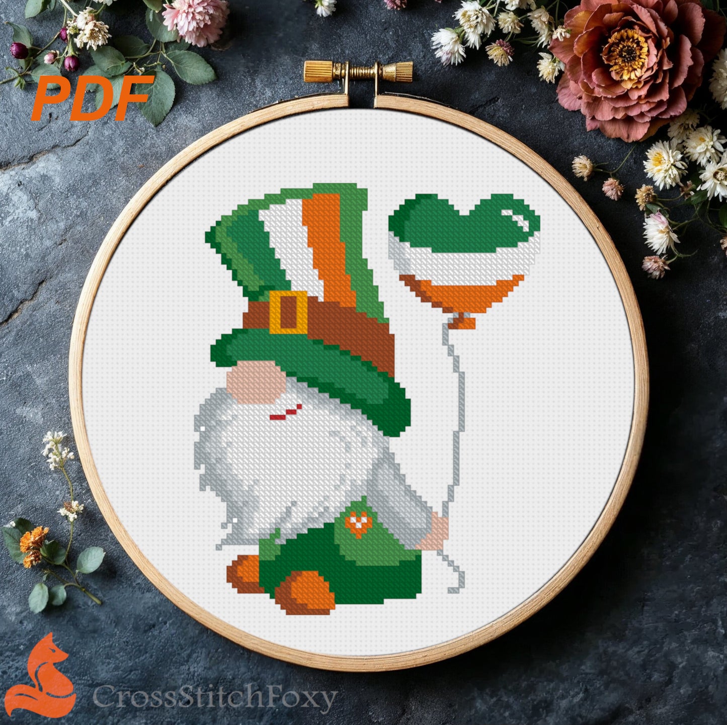 Irish Gnome Heart Balloon Flag Cross Stitch Pattern