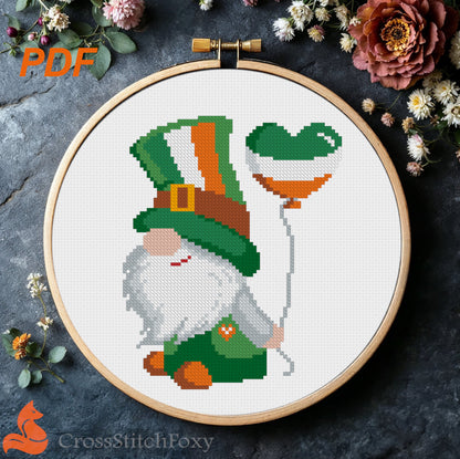 Irish Gnome Heart Balloon Flag Cross Stitch Pattern