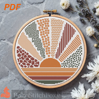 Geometric bono sun sea sunset cross stitch pattern
