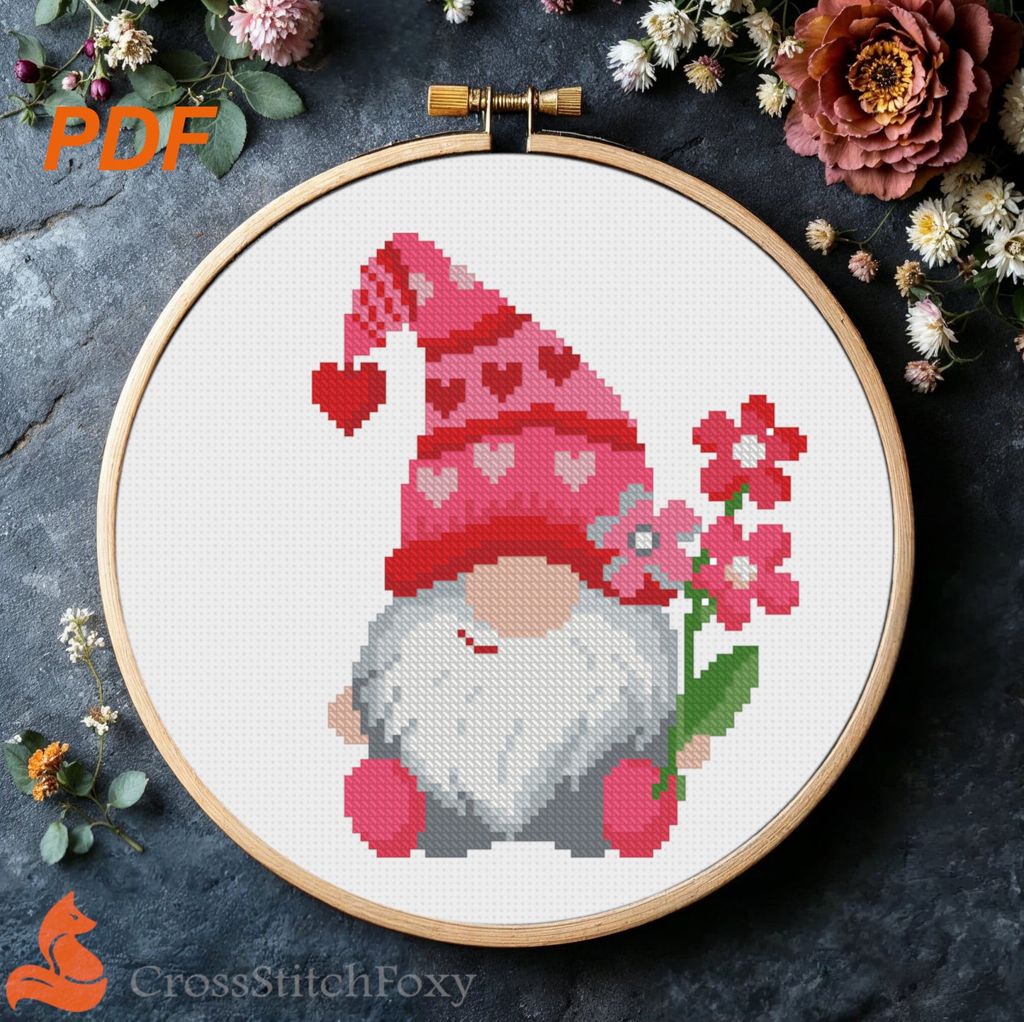Valentine Gnome with flowers cross stitch pattern