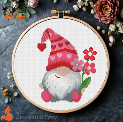 Valentine Gnome with flowers cross stitch pattern