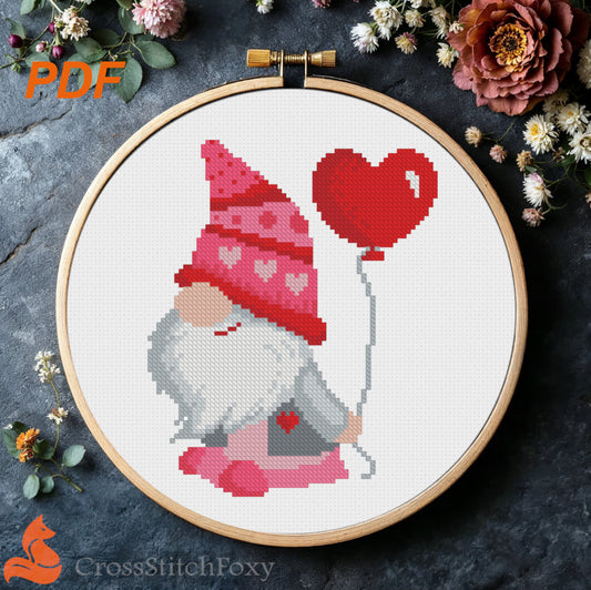 Valentine Gnome with Balloon cross stitch pattern