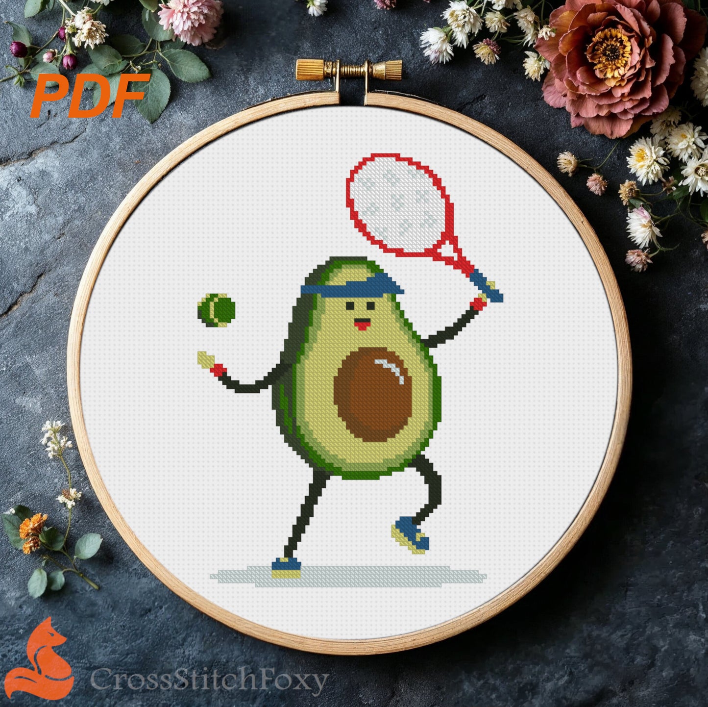 Tennis Avocado cross stitch pattern