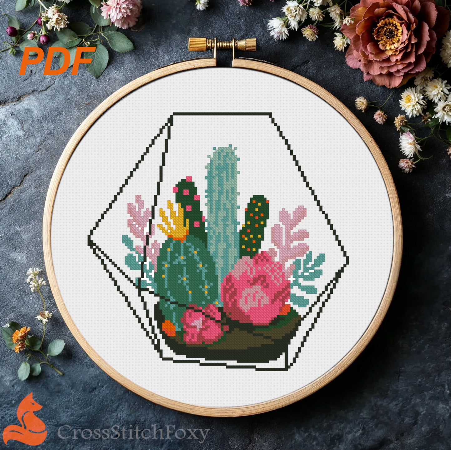 Cactus Terrarium cross stitch pattern