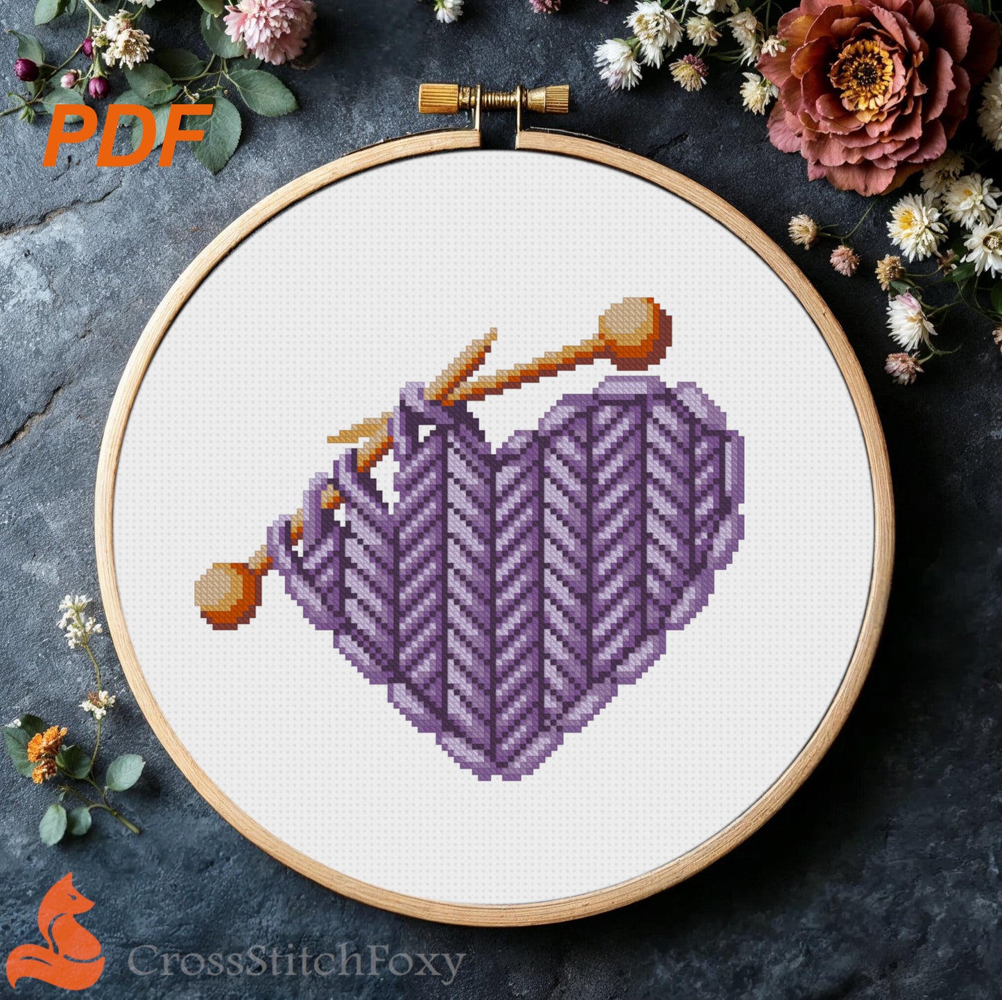 Purple Knitted Heart Cross stitch pattern