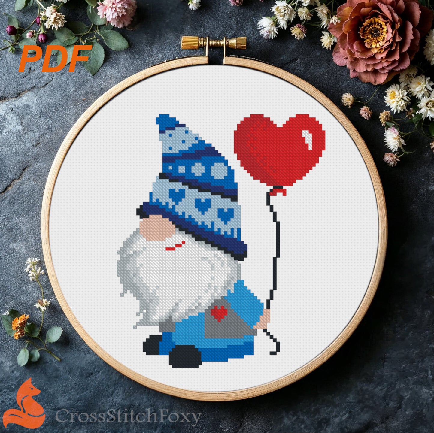 Valentine Gnome with Balloon cross stitch pattern