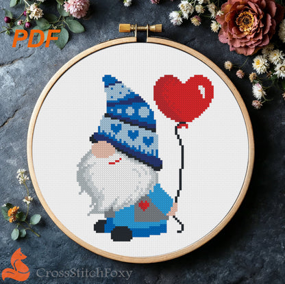 Valentine Gnome with Balloon cross stitch pattern