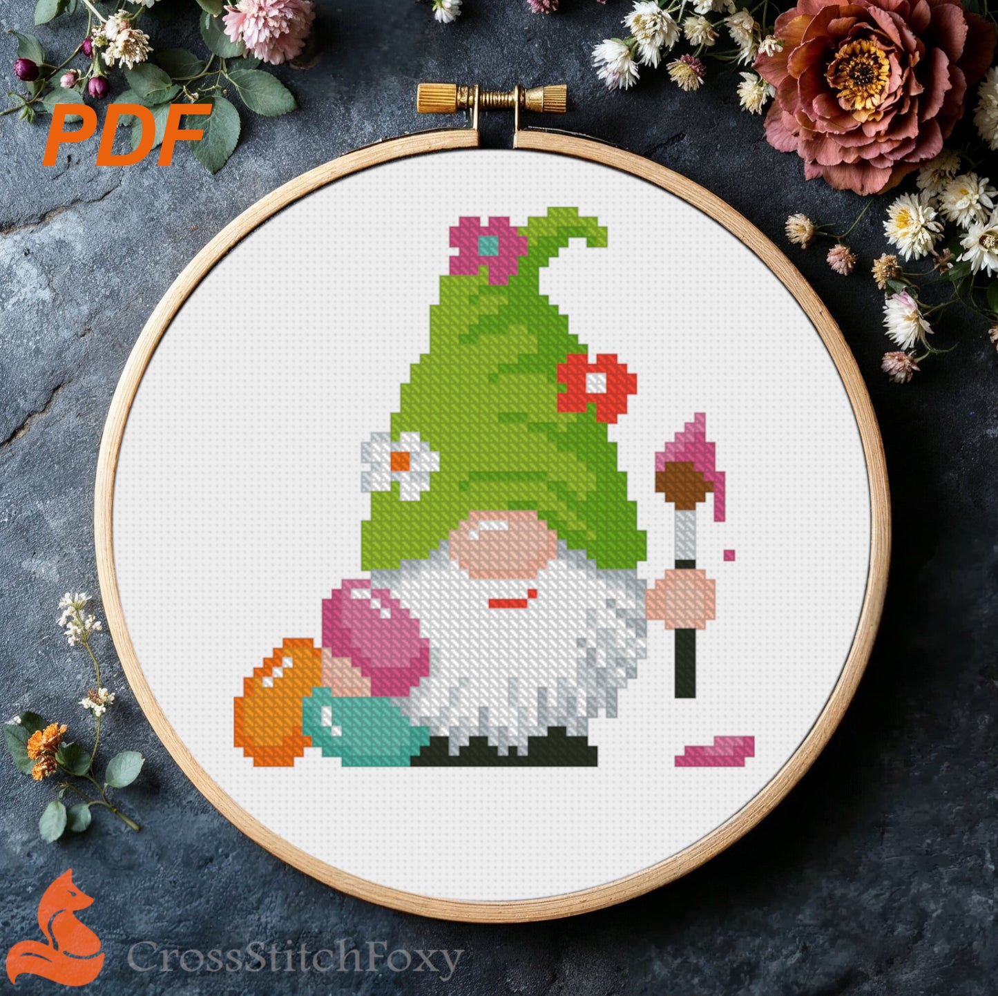 Spring gnome Easter Egg cross stitch pattern