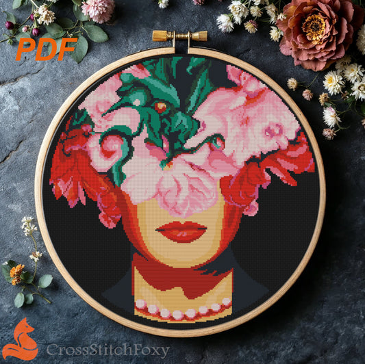 Frida Kahlo with Peoni cross stitch pattern