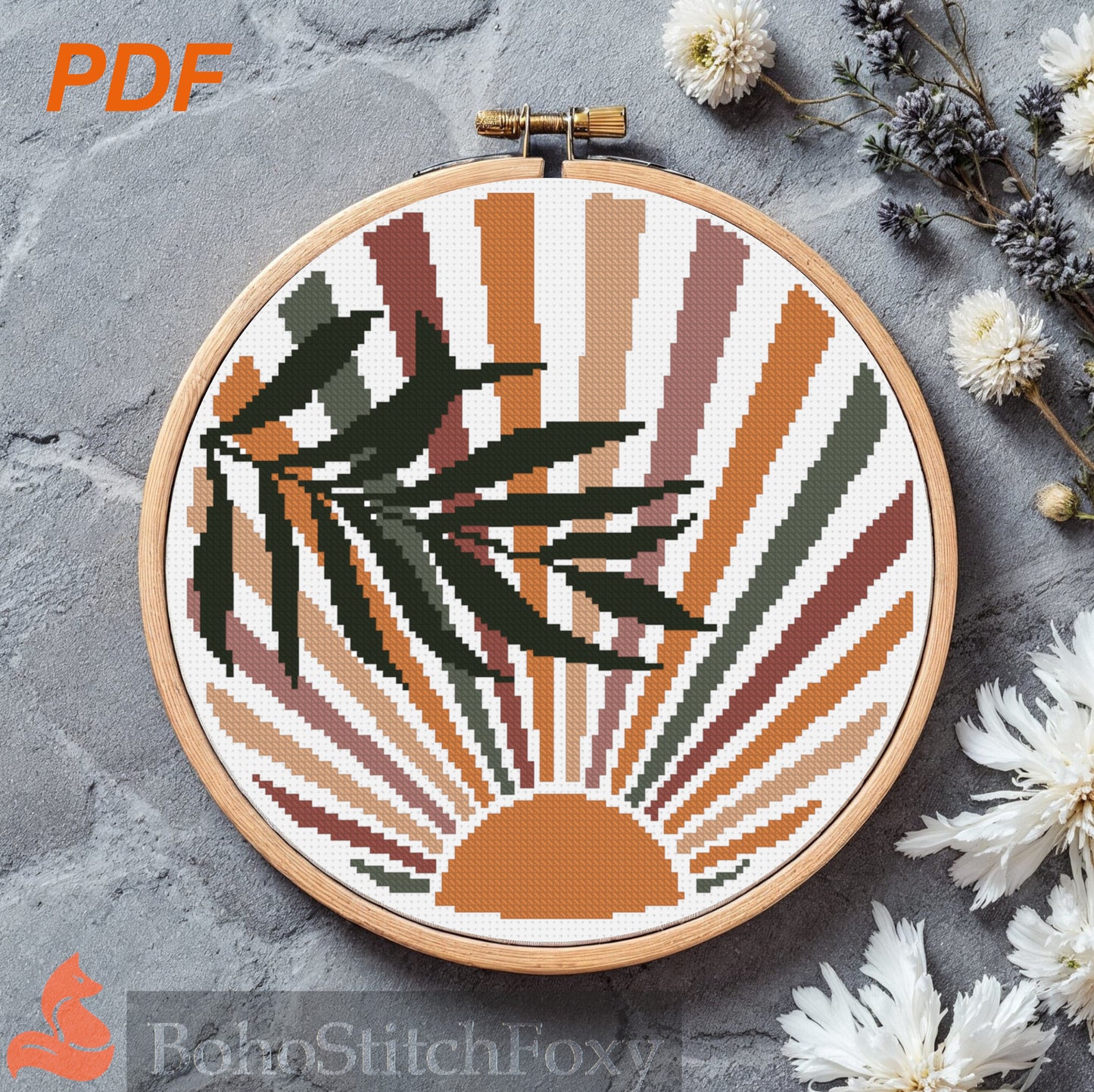 Palm leaves sun cross stitch pattern