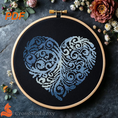 Blue Floral Heart cross stitch pattern