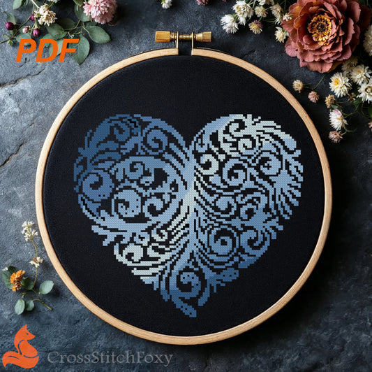 Blue Floral Heart cross stitch pattern