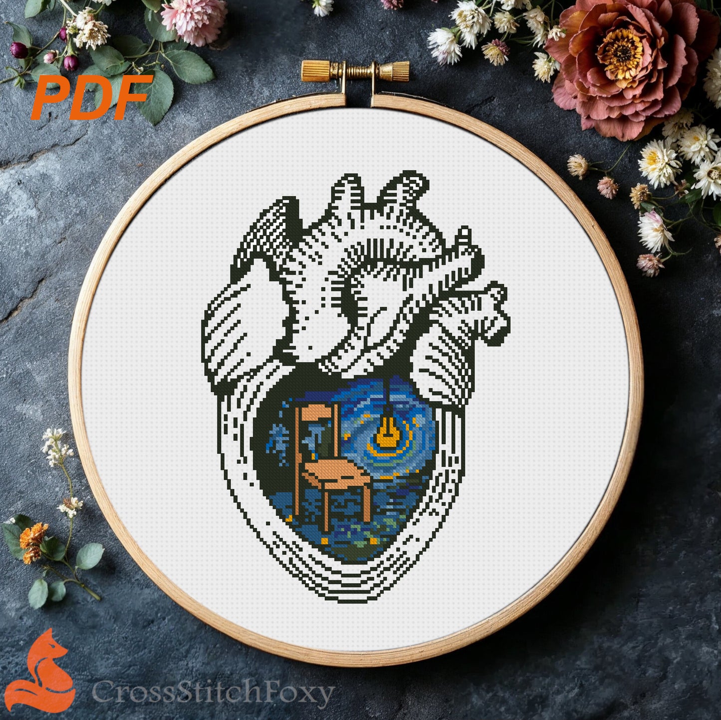 Starry Night Anatomy Heart cross stitch pattern