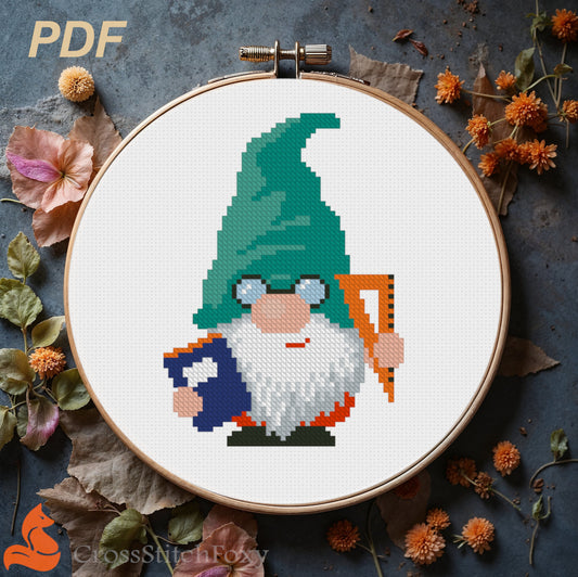 School Gnome Cross Stitch Pattern