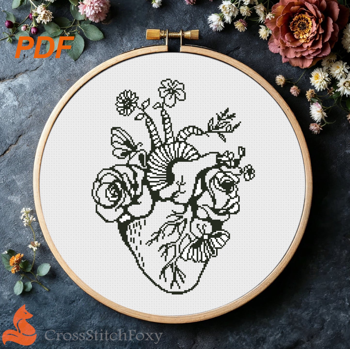 Anatomical Floral Heart cross stitch pattern