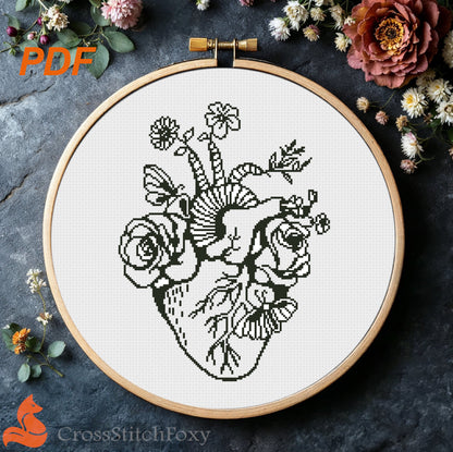 Anatomical Floral Heart cross stitch pattern