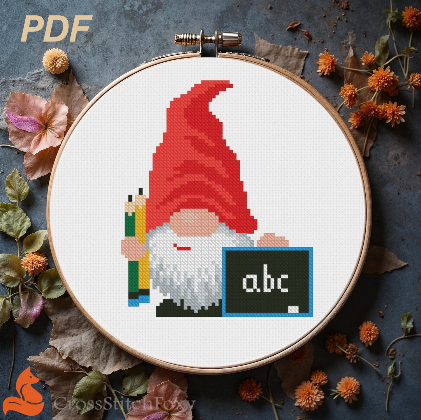 School Gnome Cross Stitch Pattern