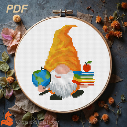 School Gnome Cross Stitch Pattern