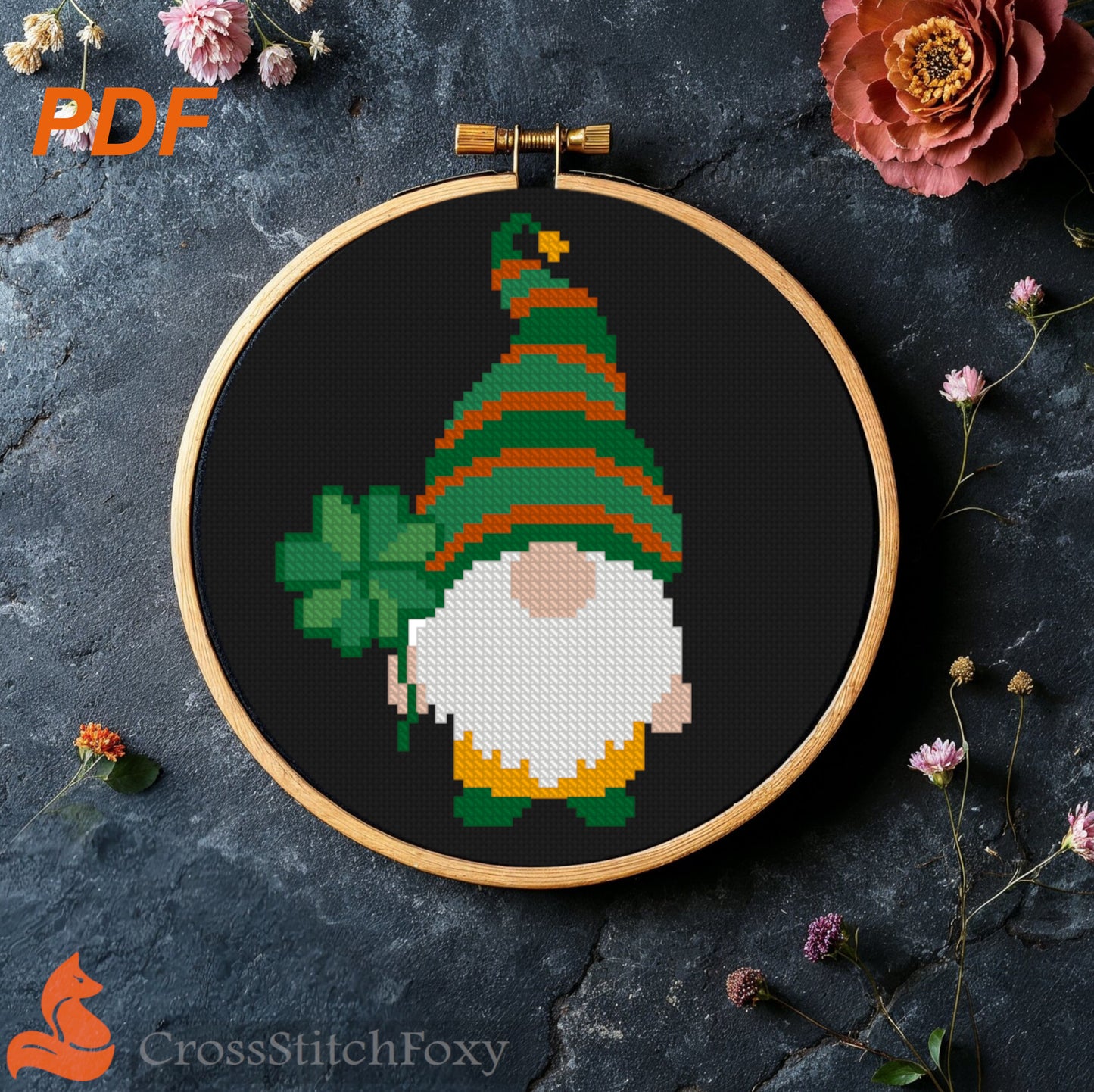St Patrick Gnome cross stitch pattern