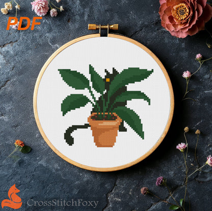 Cat with Home Plant Cross Stitch Pattern