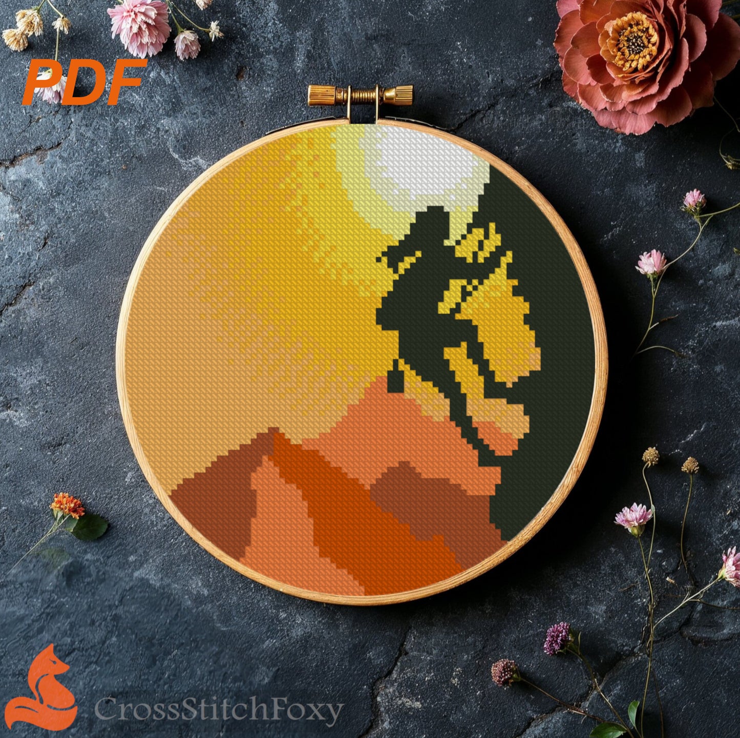 Sunset rock climbing girl cross stitch pattern PDF