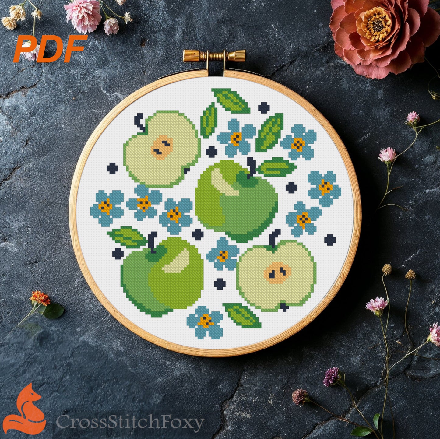 Green Apples Flowers Cross Stitch Pattern PDF