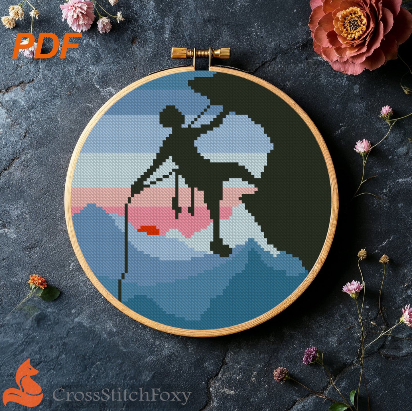 Sunset rock climbing cross stitch pattern