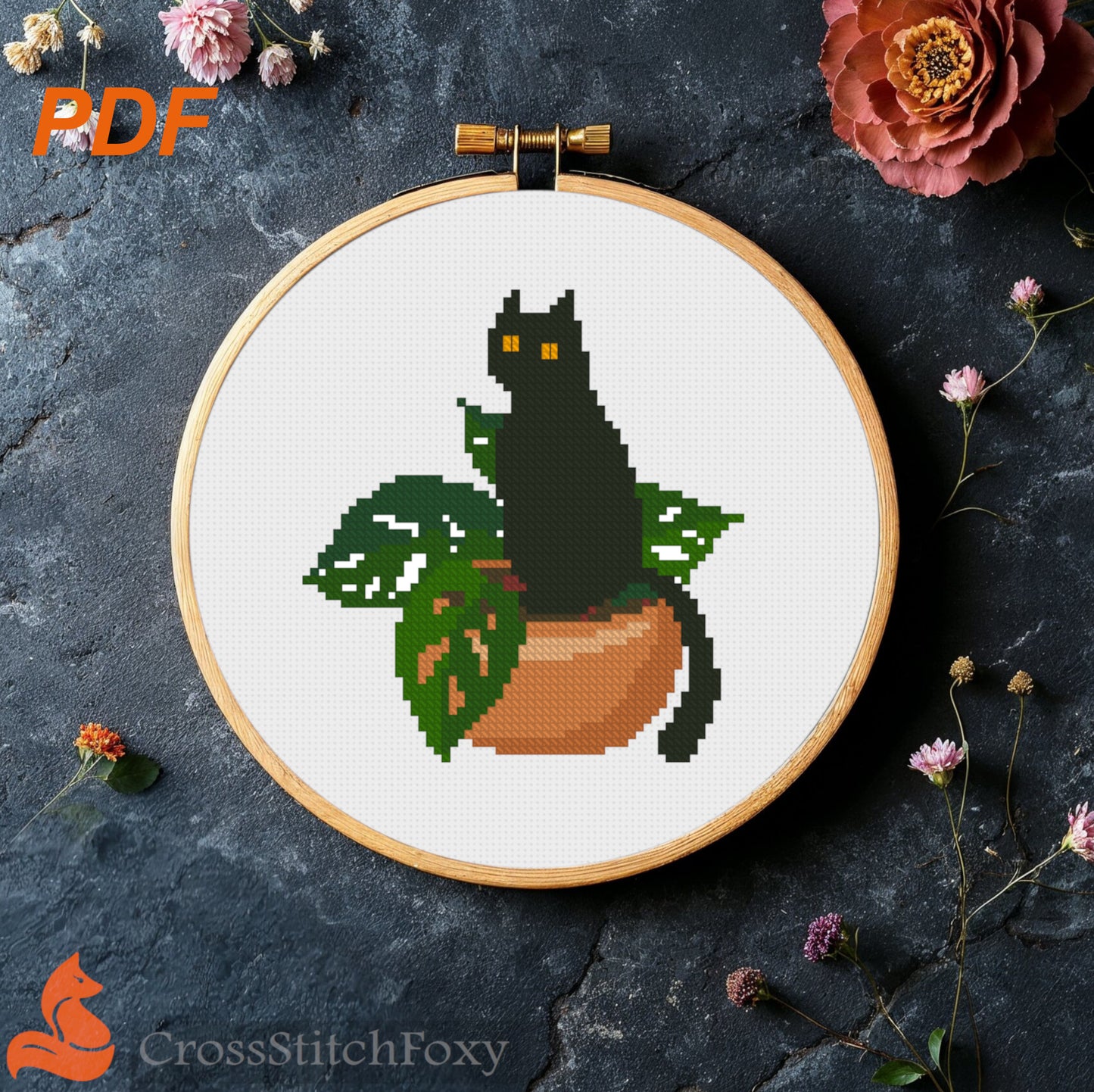 Black Cat with Home Plants Cross Stitch Pattern