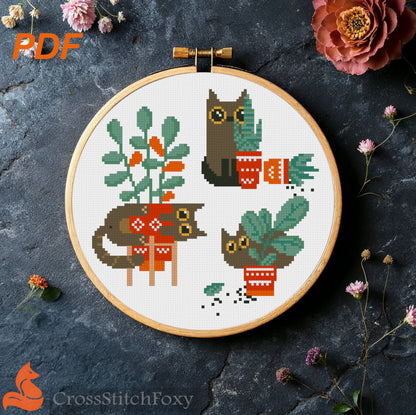 Crazy Cat Home Plants Cross Stitch Pattern PDF