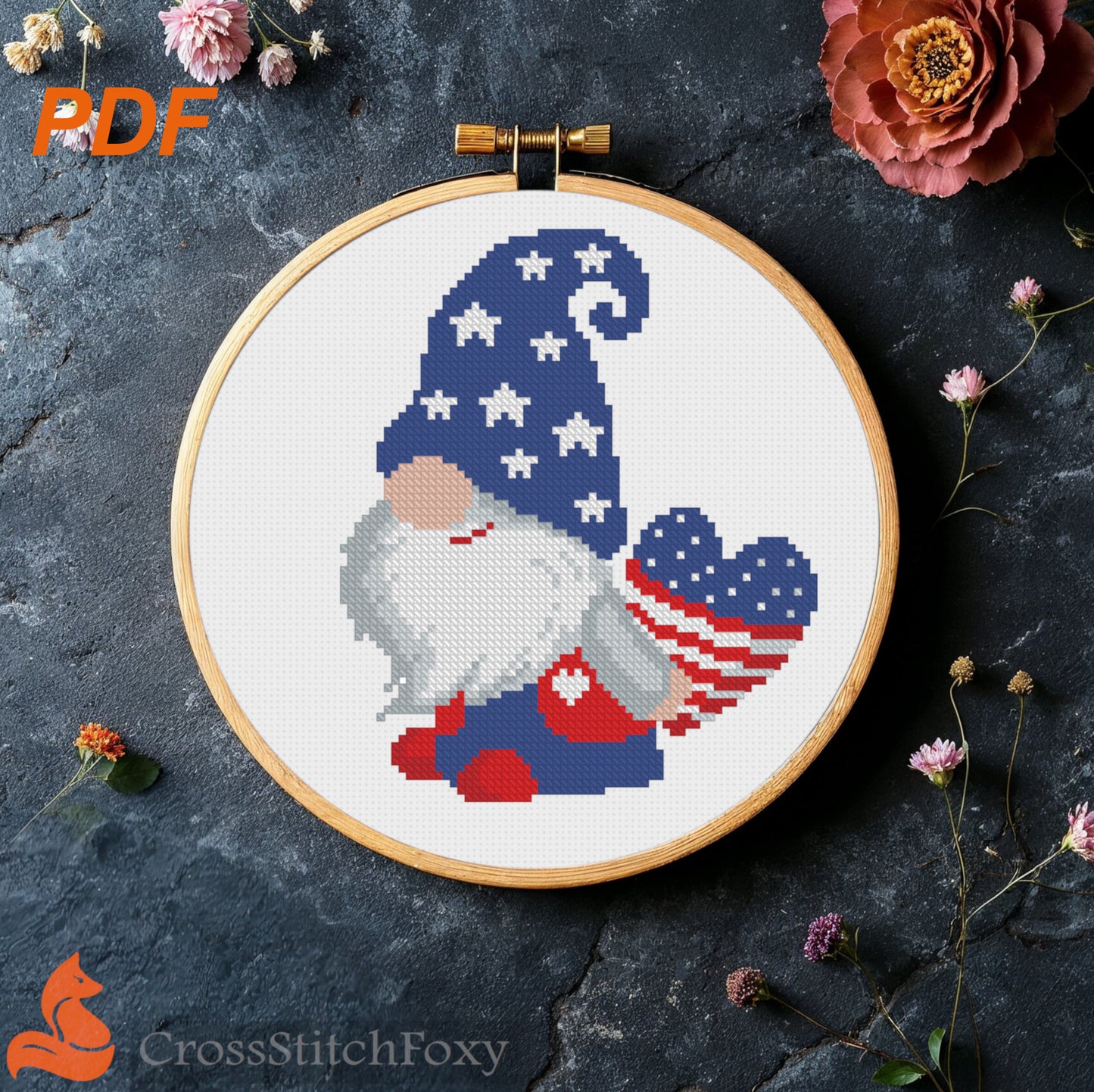 Patriotic Gnome with Heart Flag cross stitch pattern