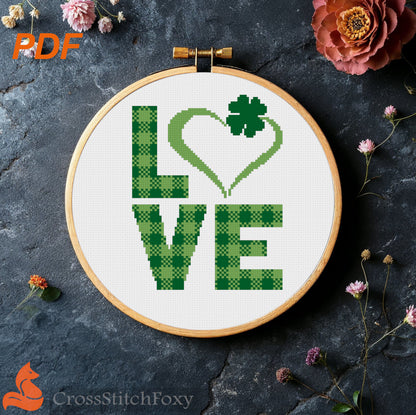 Love St Patrick Heart Tartan Shamrock Cross Stitch Pattern