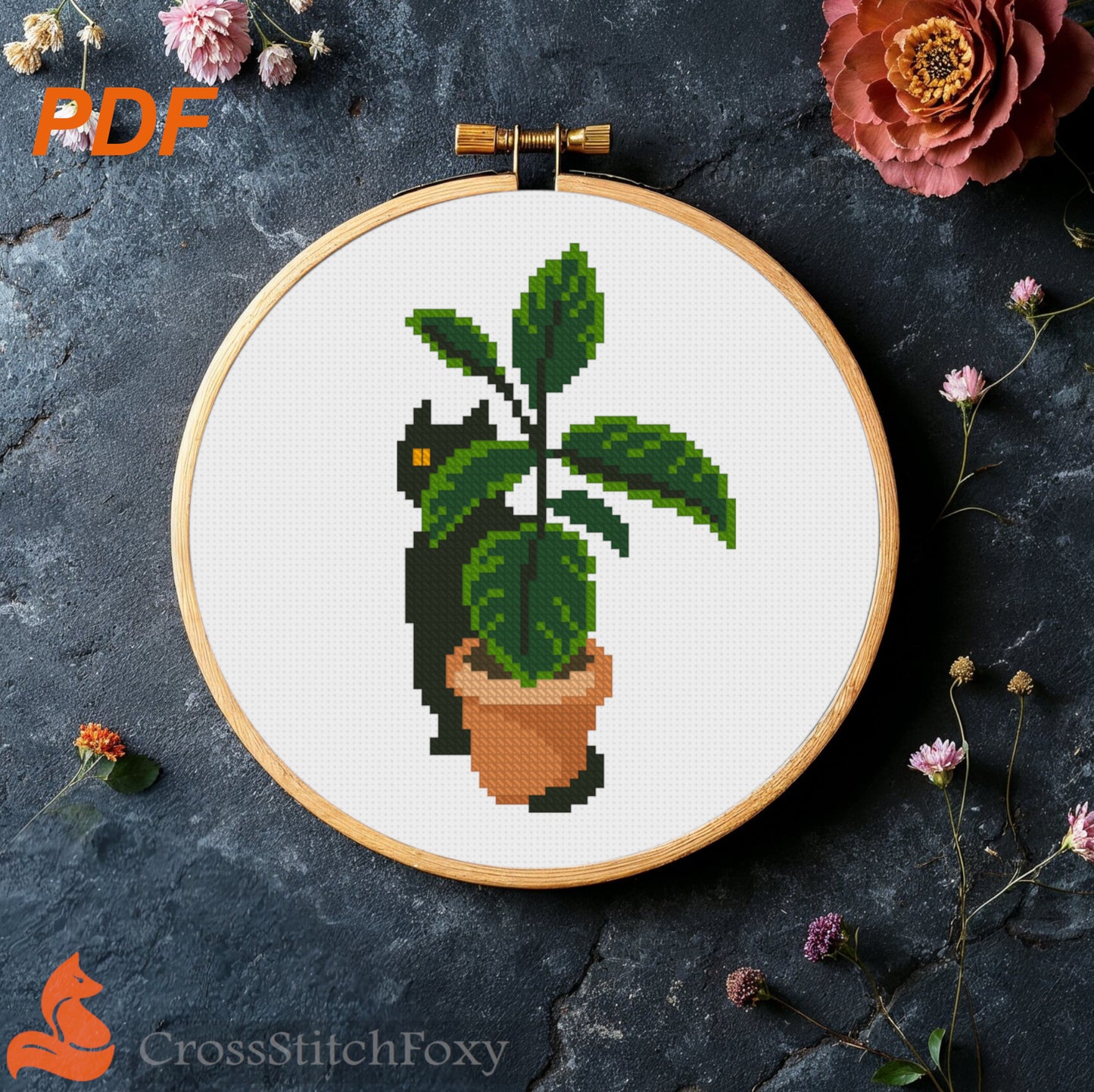 Black Cat with Home Plants Cross Stitch Pattern