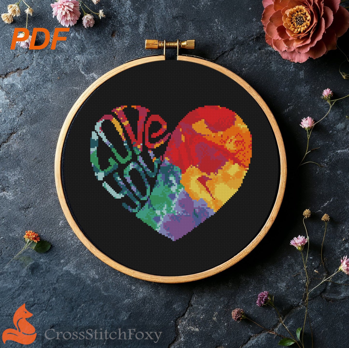 Watercolor heart cross stitch pattern