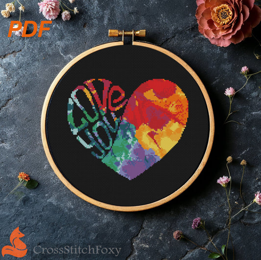 Watercolor heart cross stitch pattern