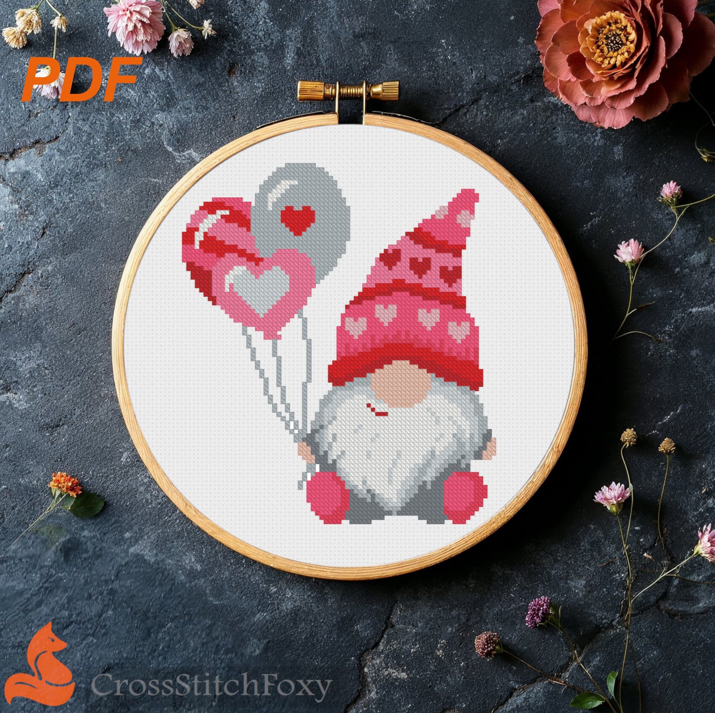 Valentine Gnome with balloons cross stitch pattern