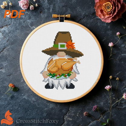 Thanksgiving Gnome Roasted Turkey cross stitch pattern
