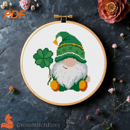 St Patrick Gnome with Shamrock cross stitch pattern