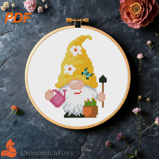 Spring Gnome Cross Stitch Pattern
