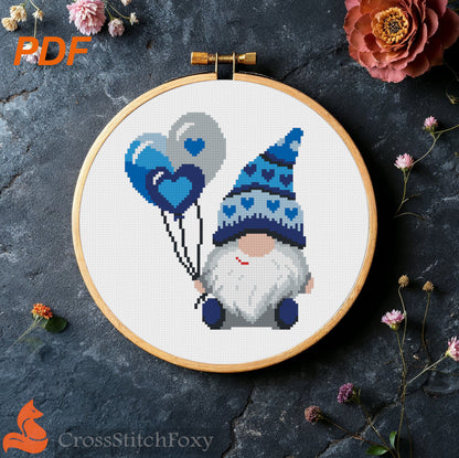 Valentine Gnome with balloons cross stitch pattern