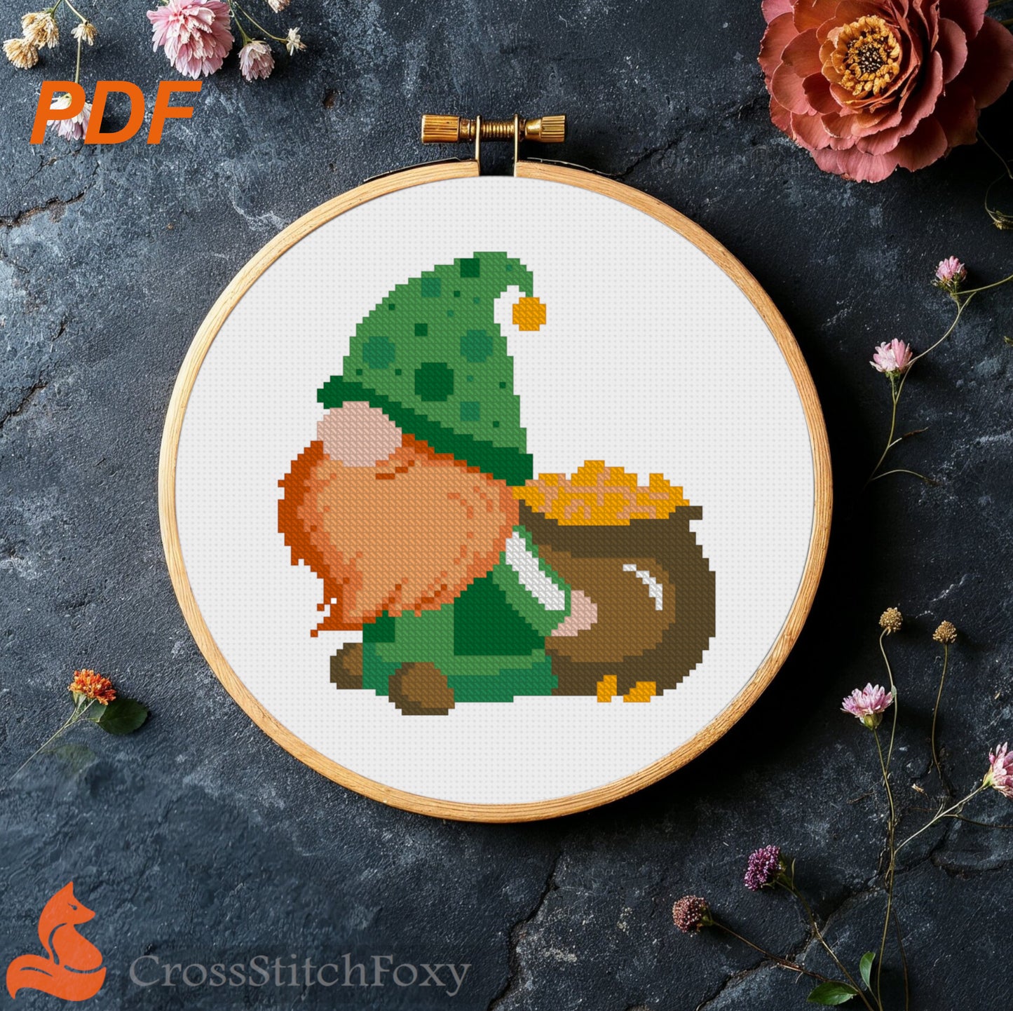 St Patrick Gnome with Treasure cross stitch pattern