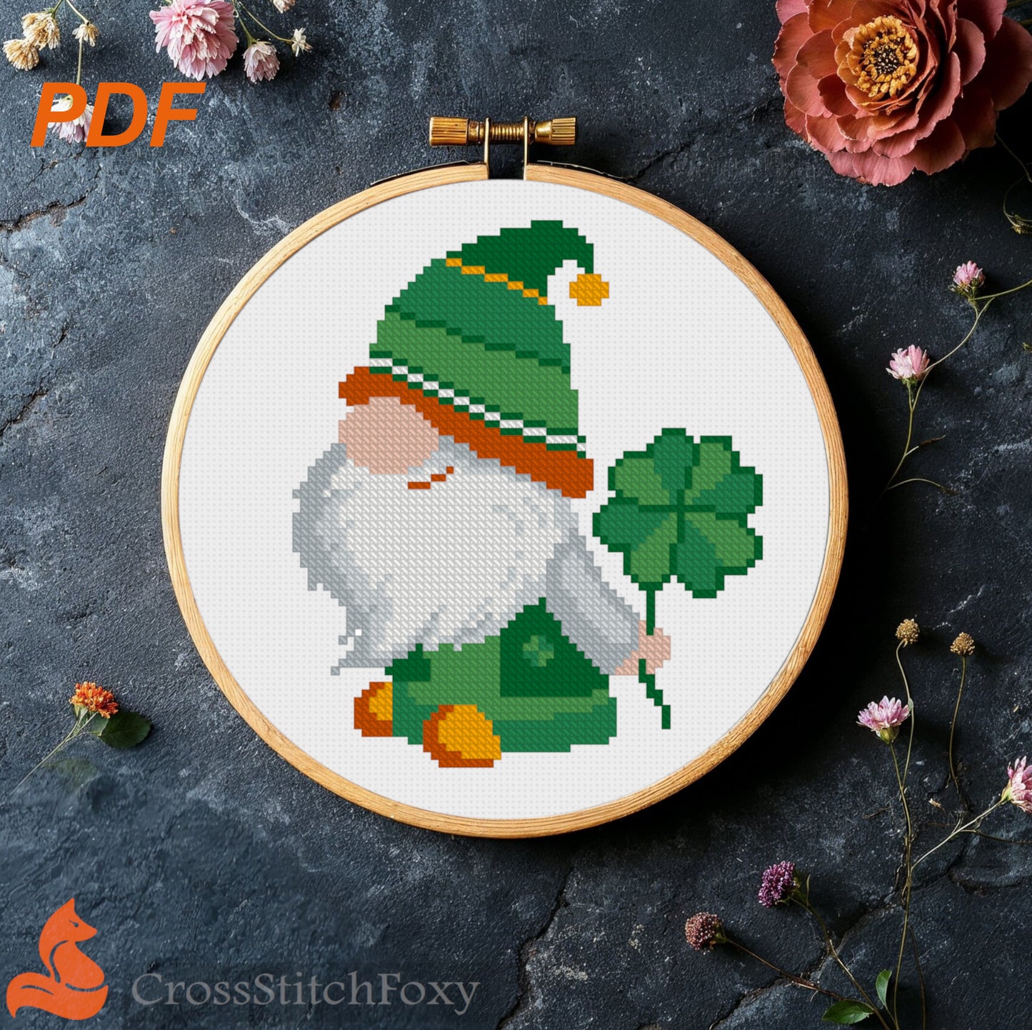 St Patrick Gnome with Shamrock cross stitch pattern