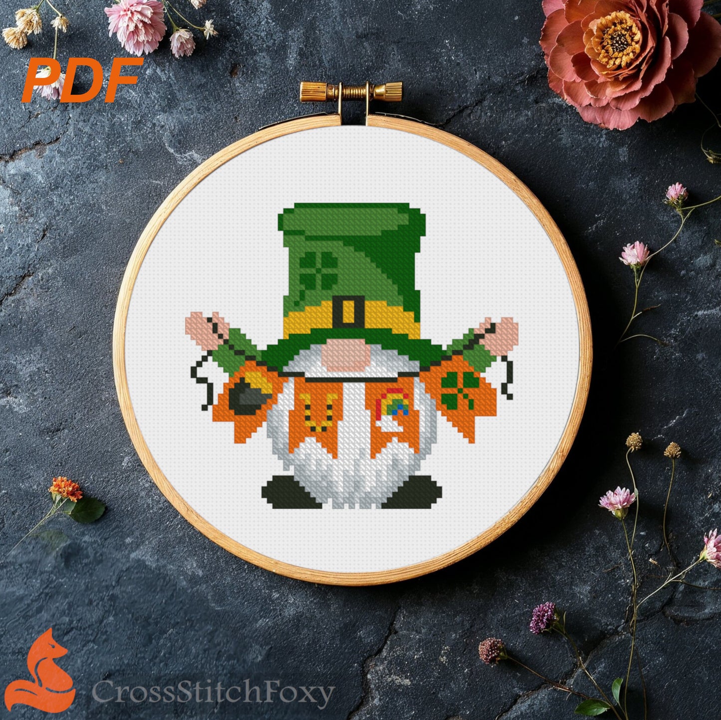 St. Patrick Irish gnome bunting cross stitch pattern