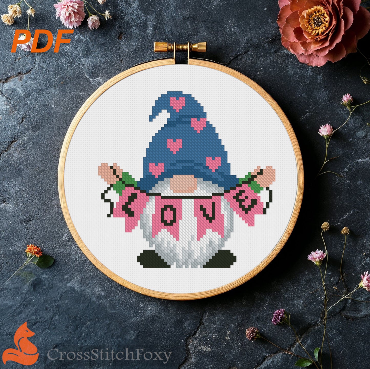 Love gnome cross stitch pattern