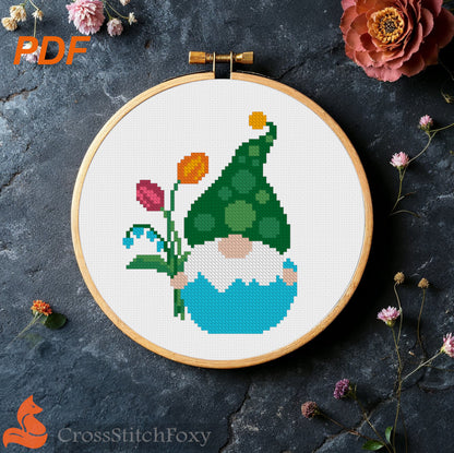 Easter Egg Gnome with Flowers cross stitch pattern