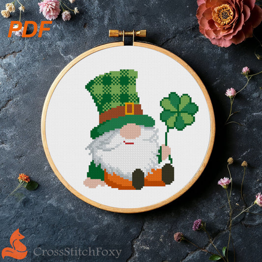 St. Patrick Irish Gnome Tartan Hat Shamrock Cross Stitch Pattern