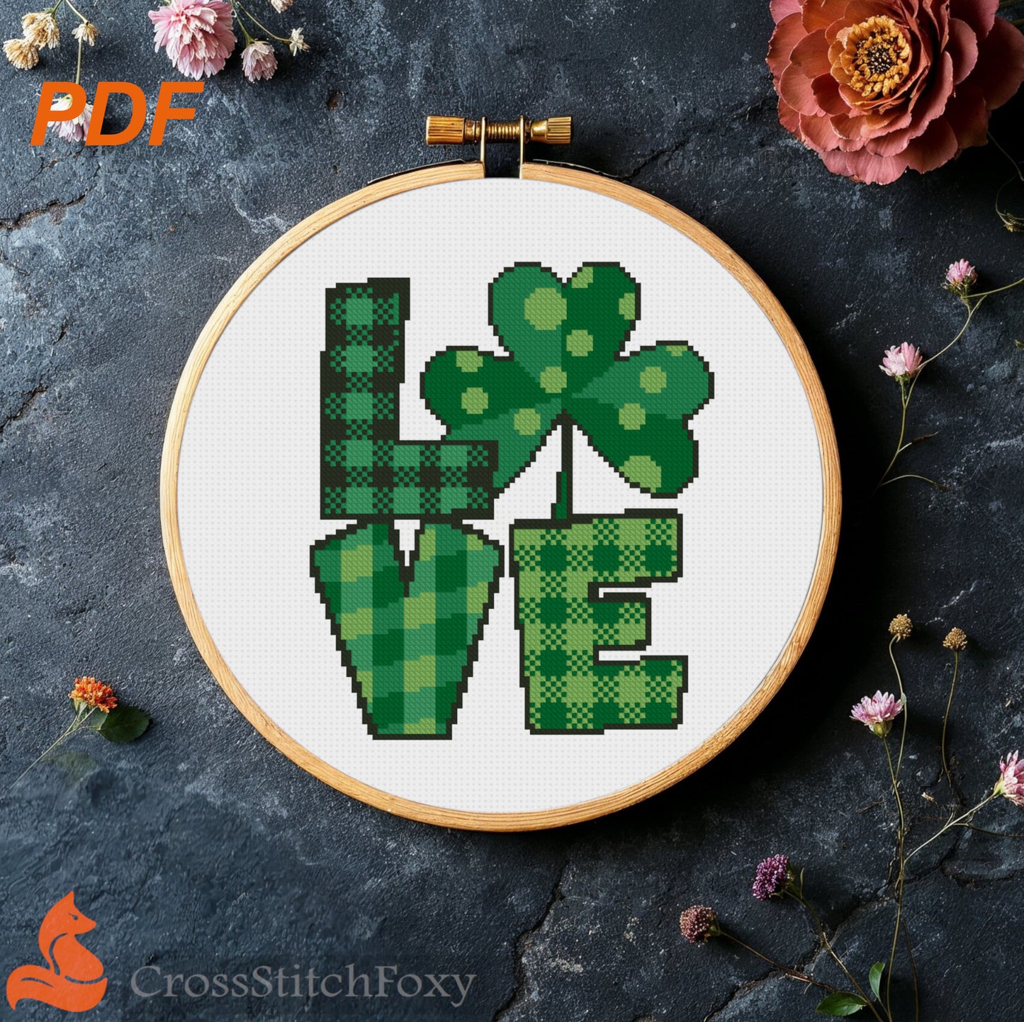 Love St Patrick Tartan Shamrock Cross Stitch Pattern
