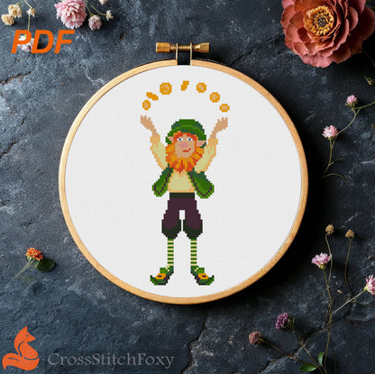 St Patrick Irish gnome leprechaun with gold cross stitch pattern