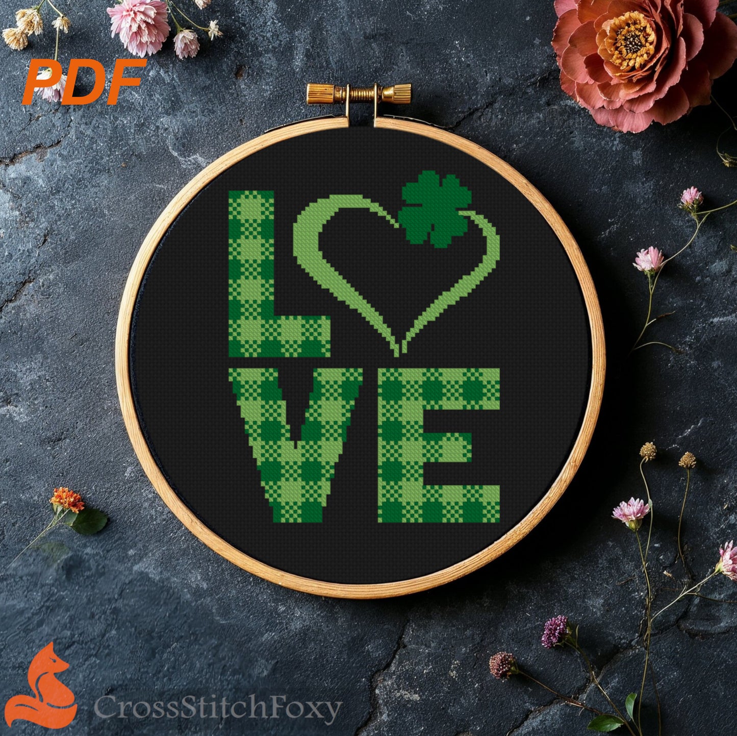 Love St Patrick Heart Tartan Shamrock Cross Stitch Pattern