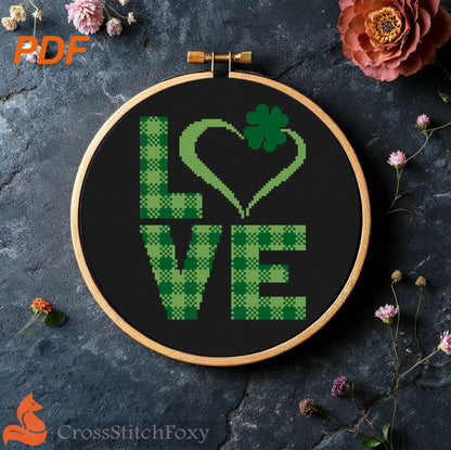 Love St Patrick Heart Tartan Shamrock Cross Stitch Pattern