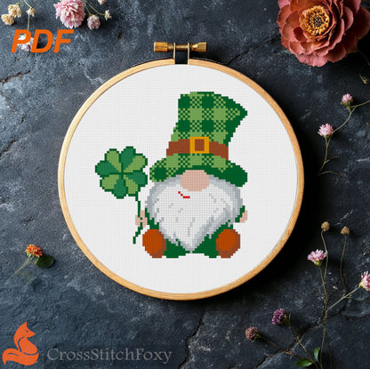 St. Patrick Irish Gnome Tartan Hat Shamrock Funny Cross Stitch Pattern